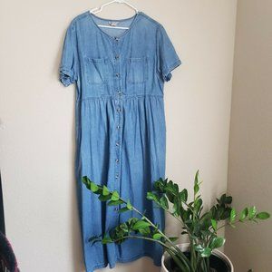 Fads Women's Denim Dress Button Front Pockets Short Sleeves Solid Blue Size XL